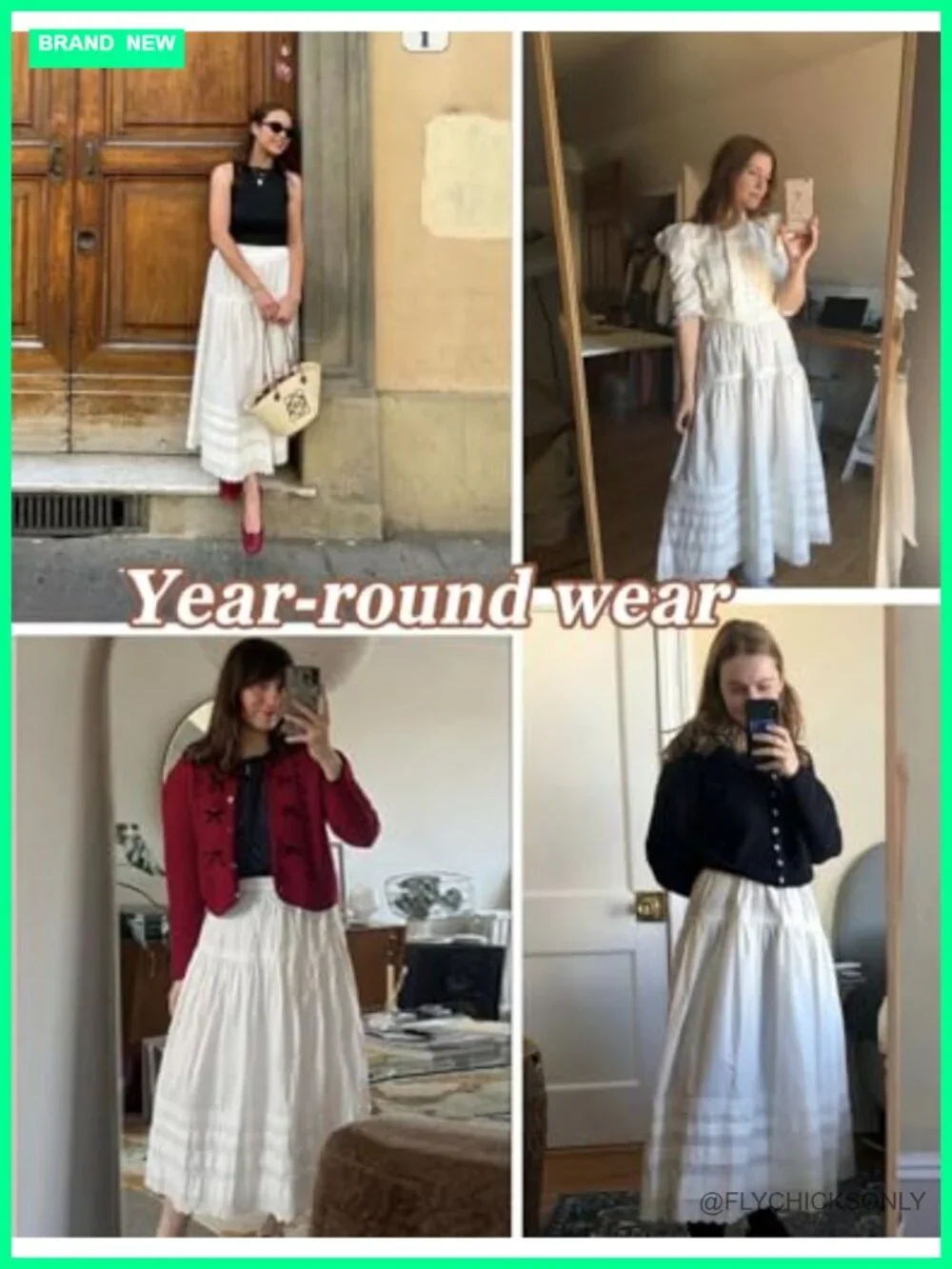100% Cotton Maxi Skirt Elastic Waist A-Line Flowy Lace Eyelet Tiered